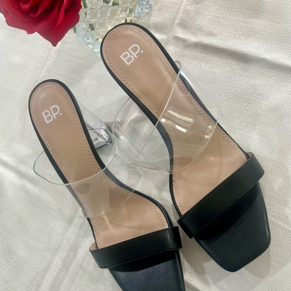 New BPNaomi Clear strap Block Heel Sandals Black Faux Leather Women’s size 8.5 M - Picture 2 of 16